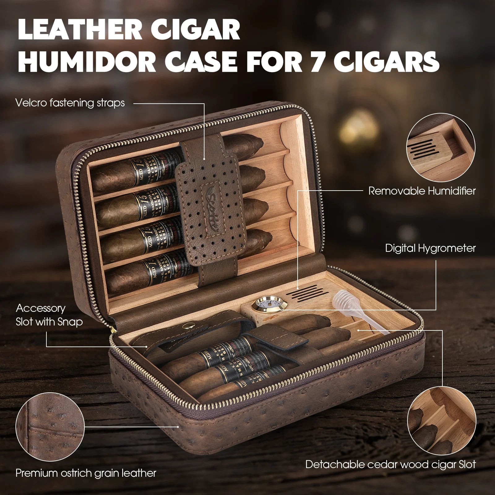 Luxury Leather Travel Cigar Humidor Set with Lighter & Accessories