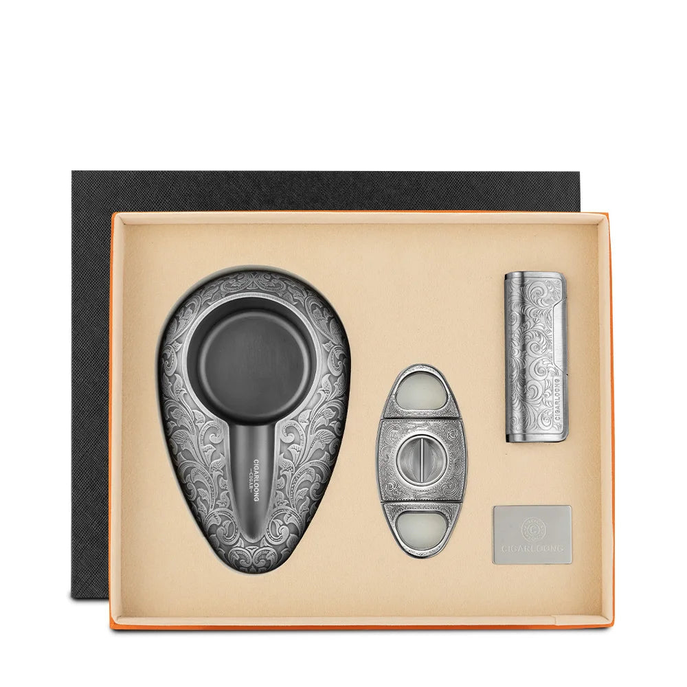 Luxury 3-Piece Cigar Accessory Gift Set – Lighter, Cutter & Ashtray