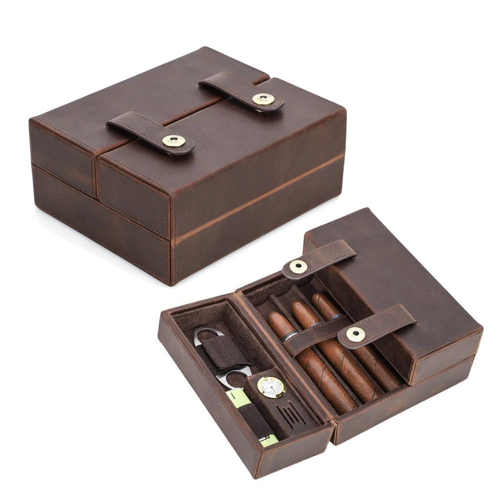 Leather Travel Cigar Humidor Case with Accessory Storage