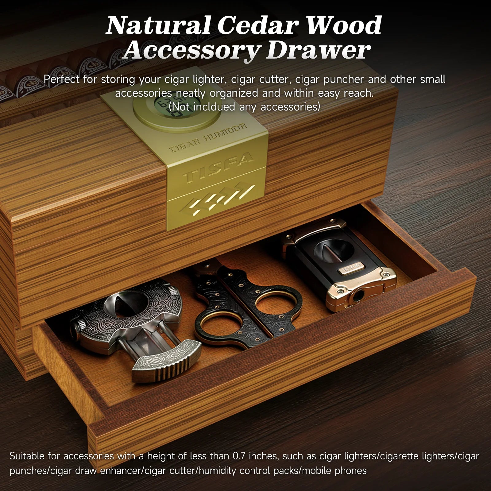 Wooden accessory drawer with cigar accessories on a dark wooden surface