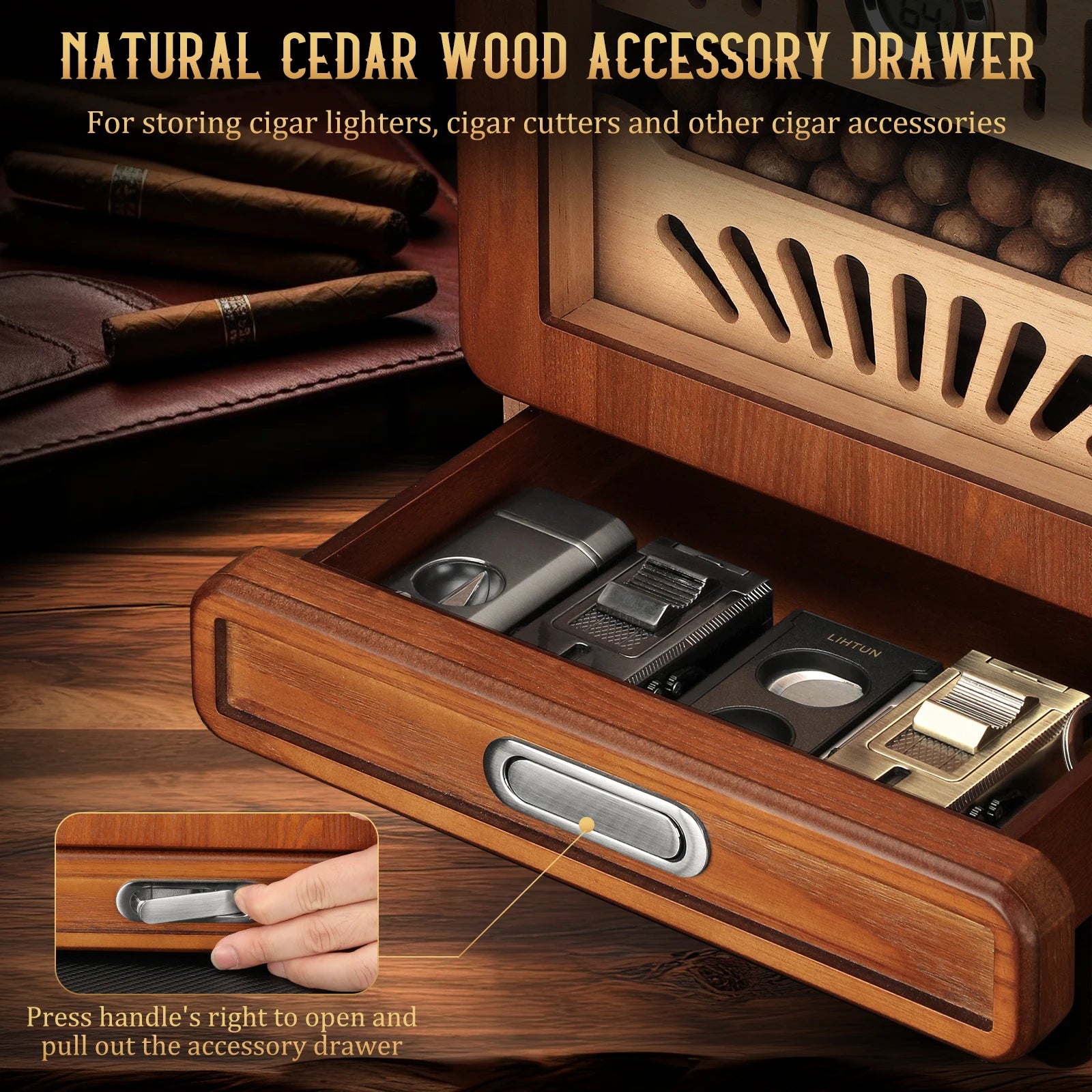 Wooden accessory drawer for storing cigar accessories with cigars and tools in the background.