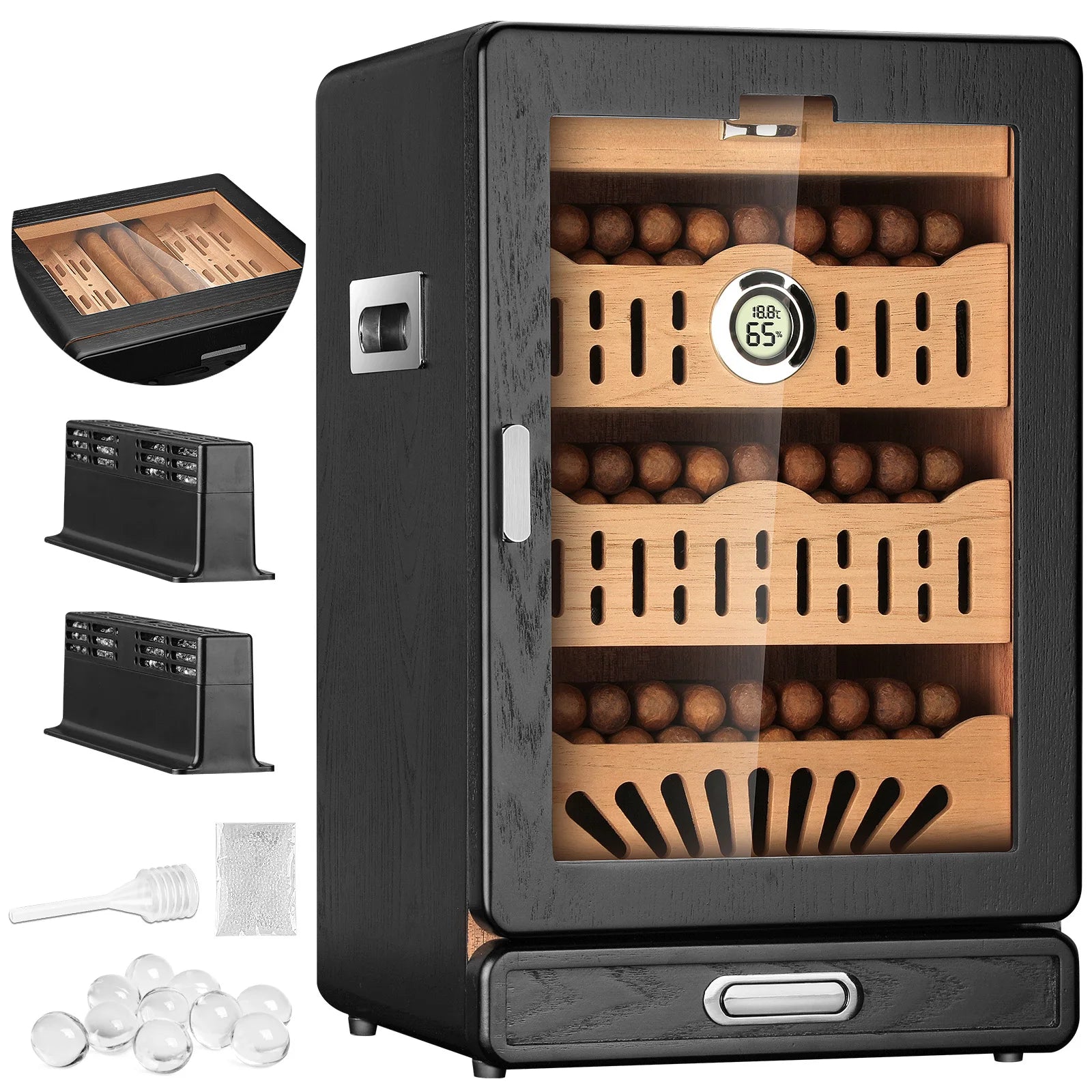 Black cigar humidor with wooden interior and digital display, surrounded by accessories on a white background.