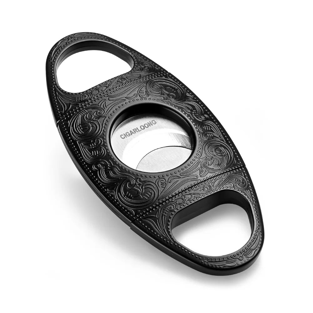 Black embossed cigar cutter on a white background