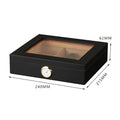 Black humidor with glass top and dimensions labeled.