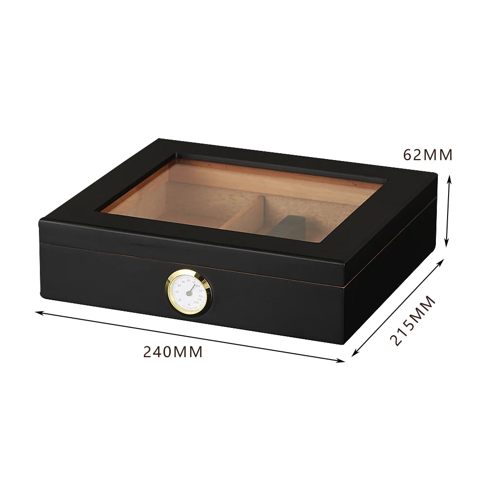 Black humidor with glass top and dimensions labeled.