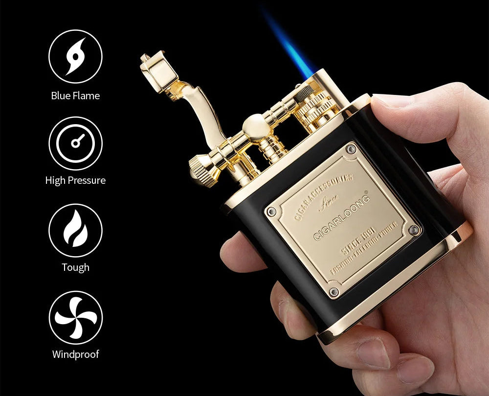 Windproof flame lighter held by a hand with product features highlighted.