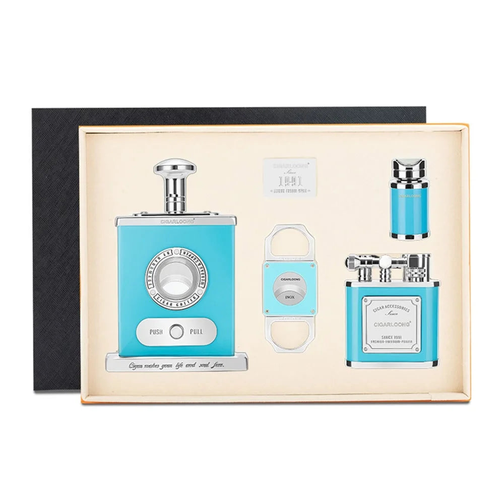 Blue cigar accessory set on a white background.