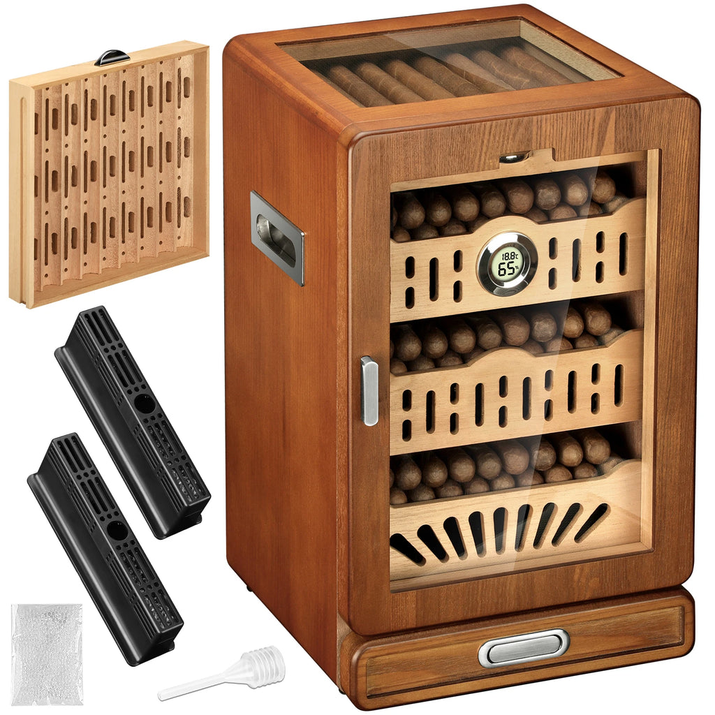 Wooden humidor with accessories on a white background