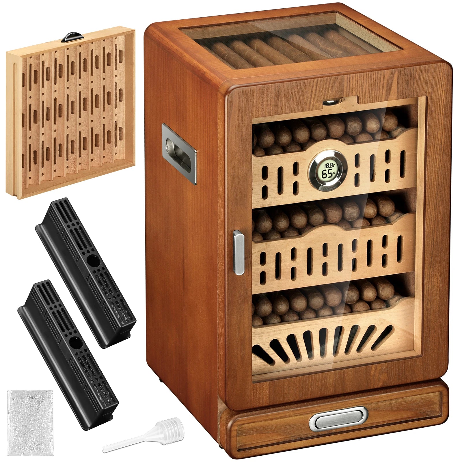 Wooden humidor with accessories on a white background