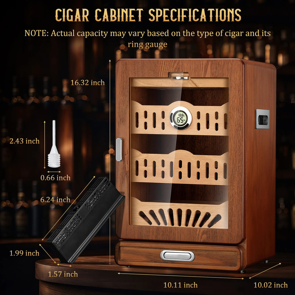 Wooden cigar cabinet with dimensions and specifications on a dark background