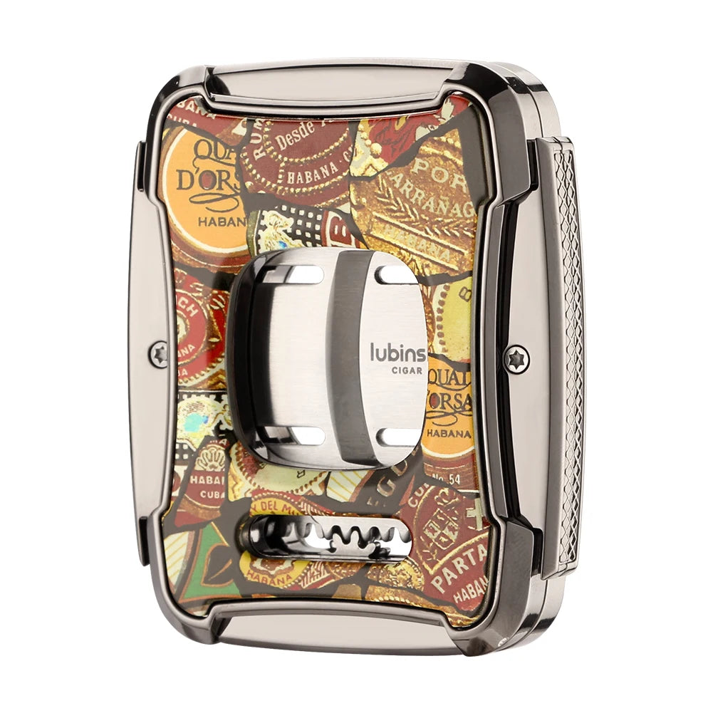 Cigar cutter with decorative pattern of cigar brands on a white background