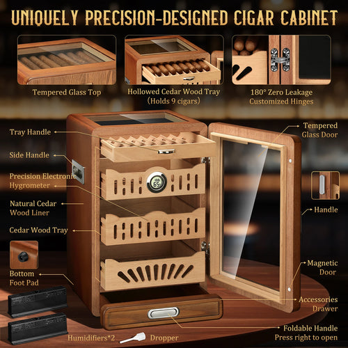 Wooden cigar cabinet with features highlighted, including a tempered glass top and hollowed cedar wood tray.