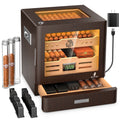 Wooden cigar humidor with digital display, USB cable, and cigars on a white background