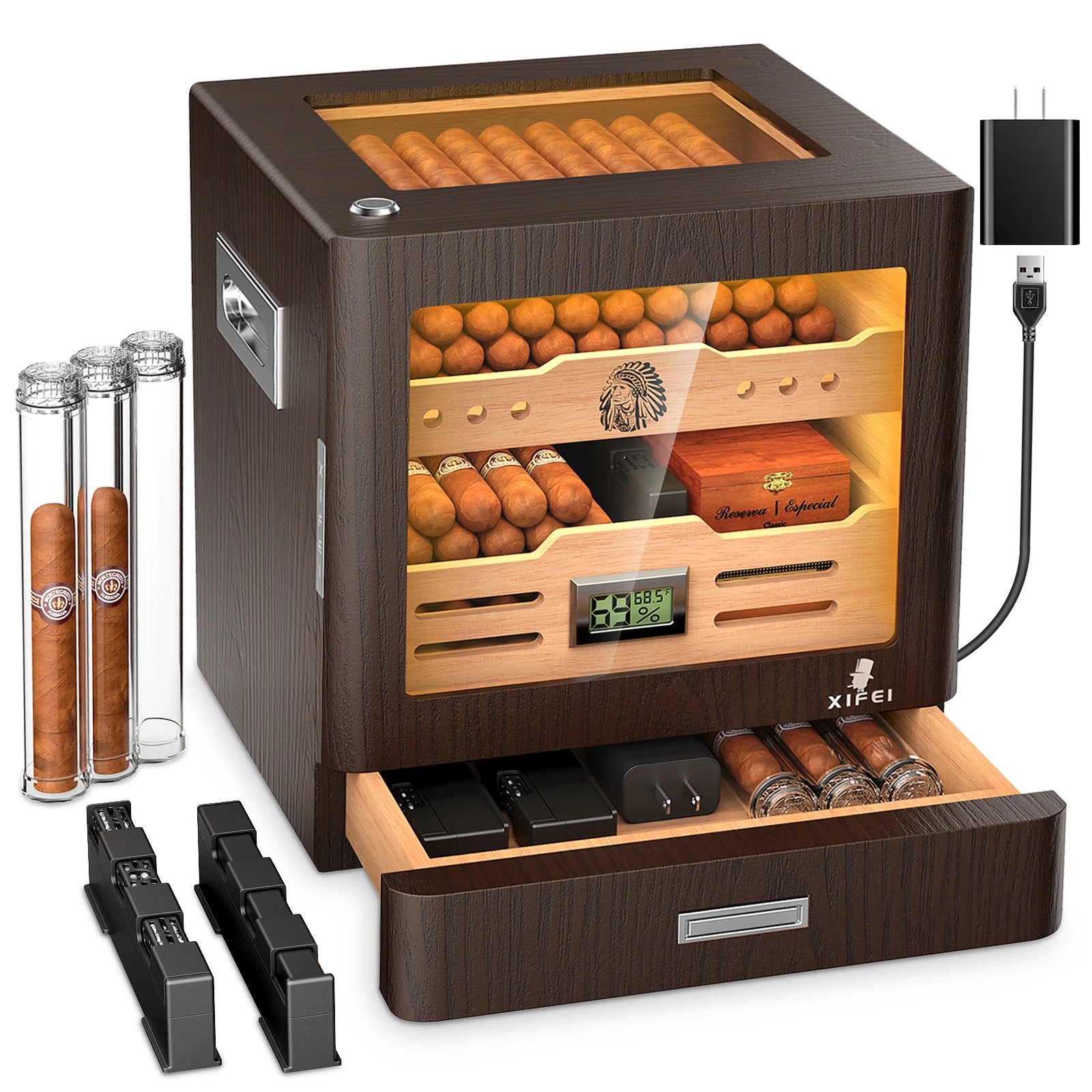 Wooden cigar humidor with digital display, USB cable, and cigars on a white background
