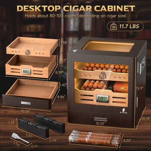 Desktop cigar cabinet with dimensions and features on a wooden background