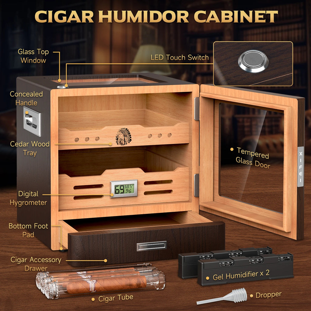 Cigar humidor cabinet with features highlighted on a wooden surface