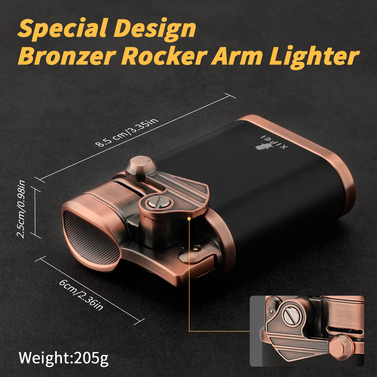 Bronzer rocker arm cigar lighter with dimensions and weight on a dark background