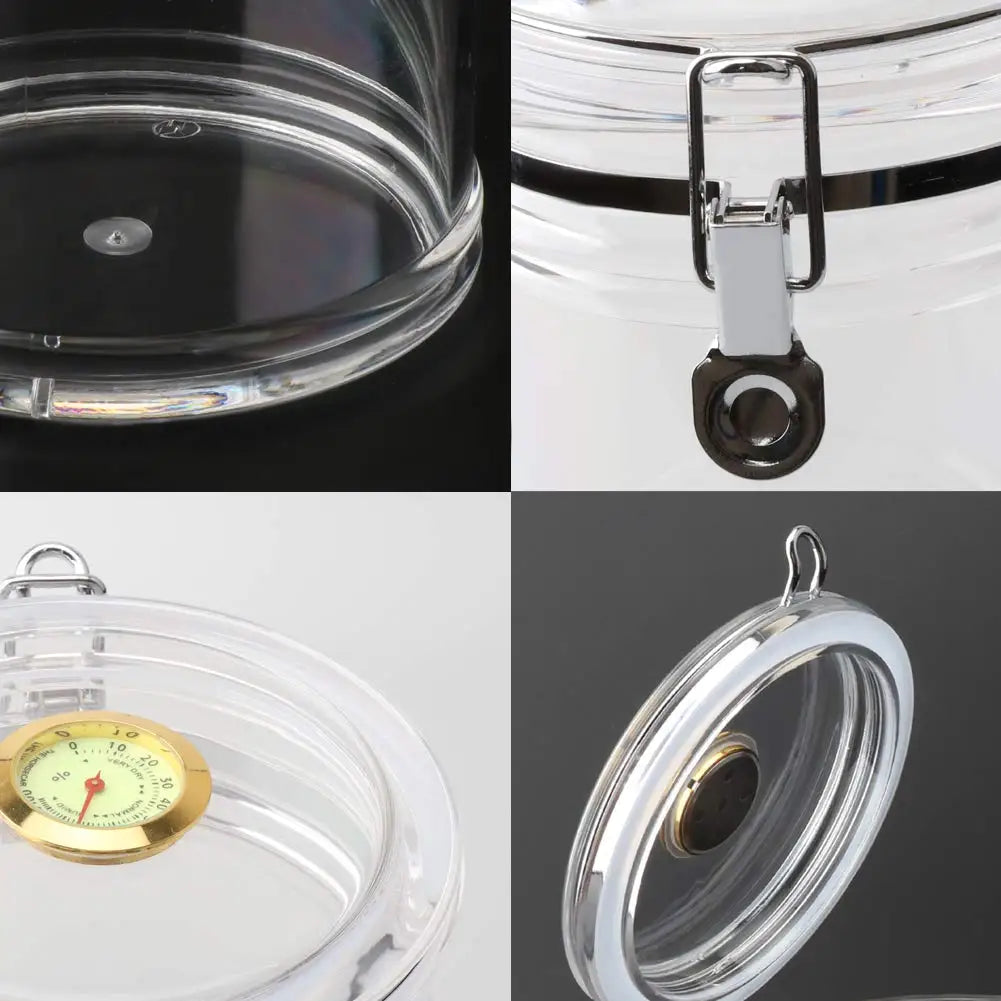 Collage of close-up images of a glass humidor with different components.