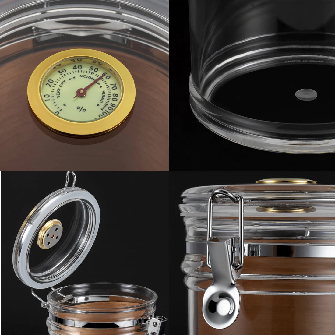 Collage of a glass jar humidor with metal lid and thermometer, showing different angles and details.