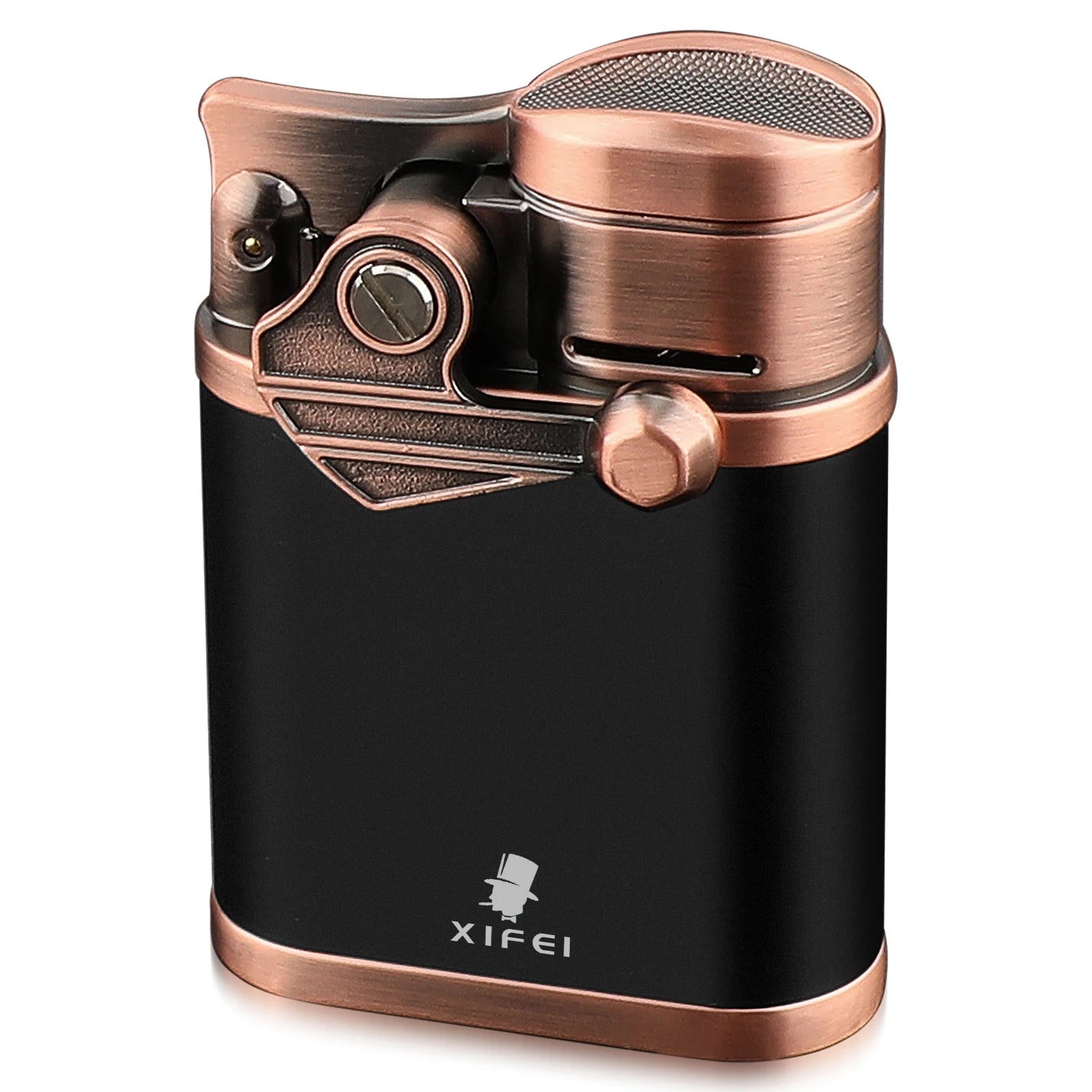 Copper and black cigar lighter on a white background