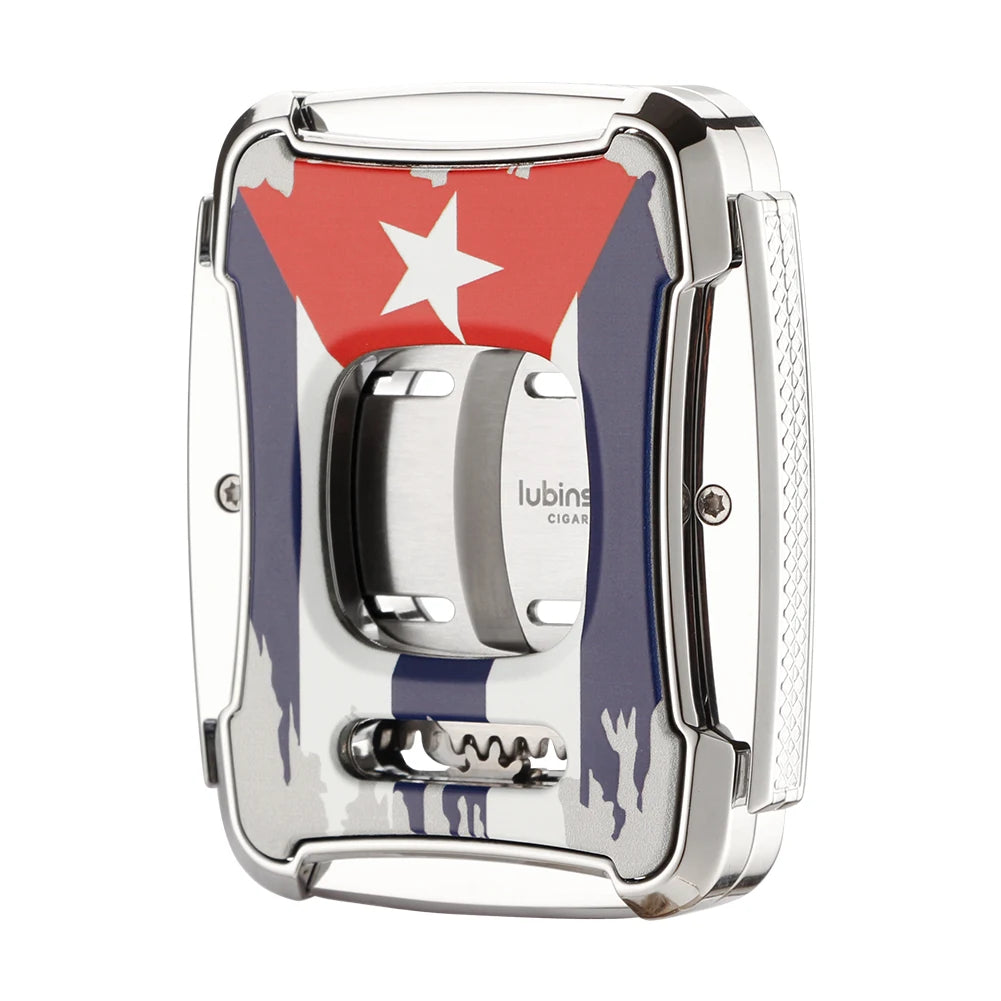 Cigar cutter with a design resembling the Cuban flag on a white background