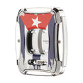 Cigar cutter with a design resembling the Cuban flag on a white background