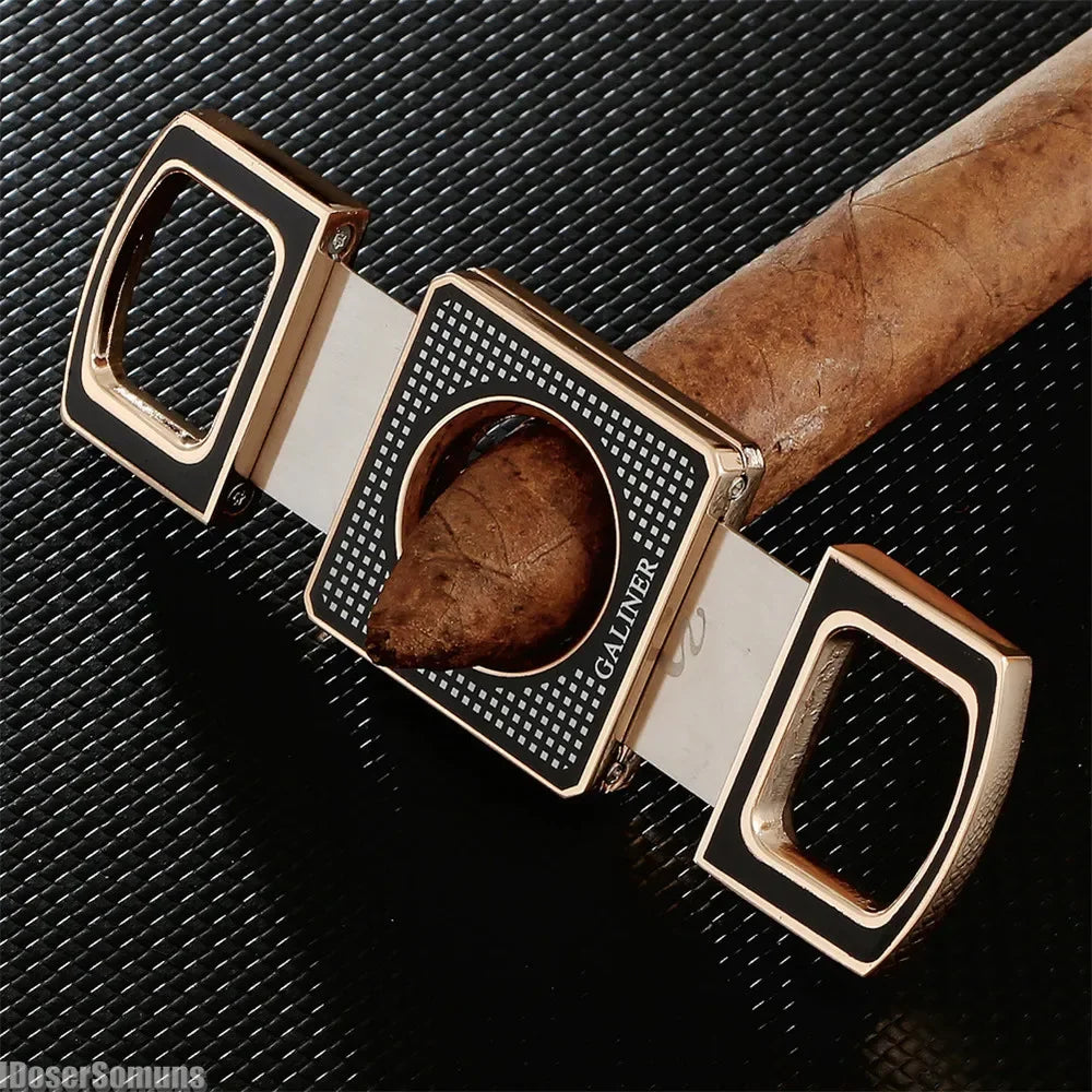Cigar cutter with a cigar on a textured black background