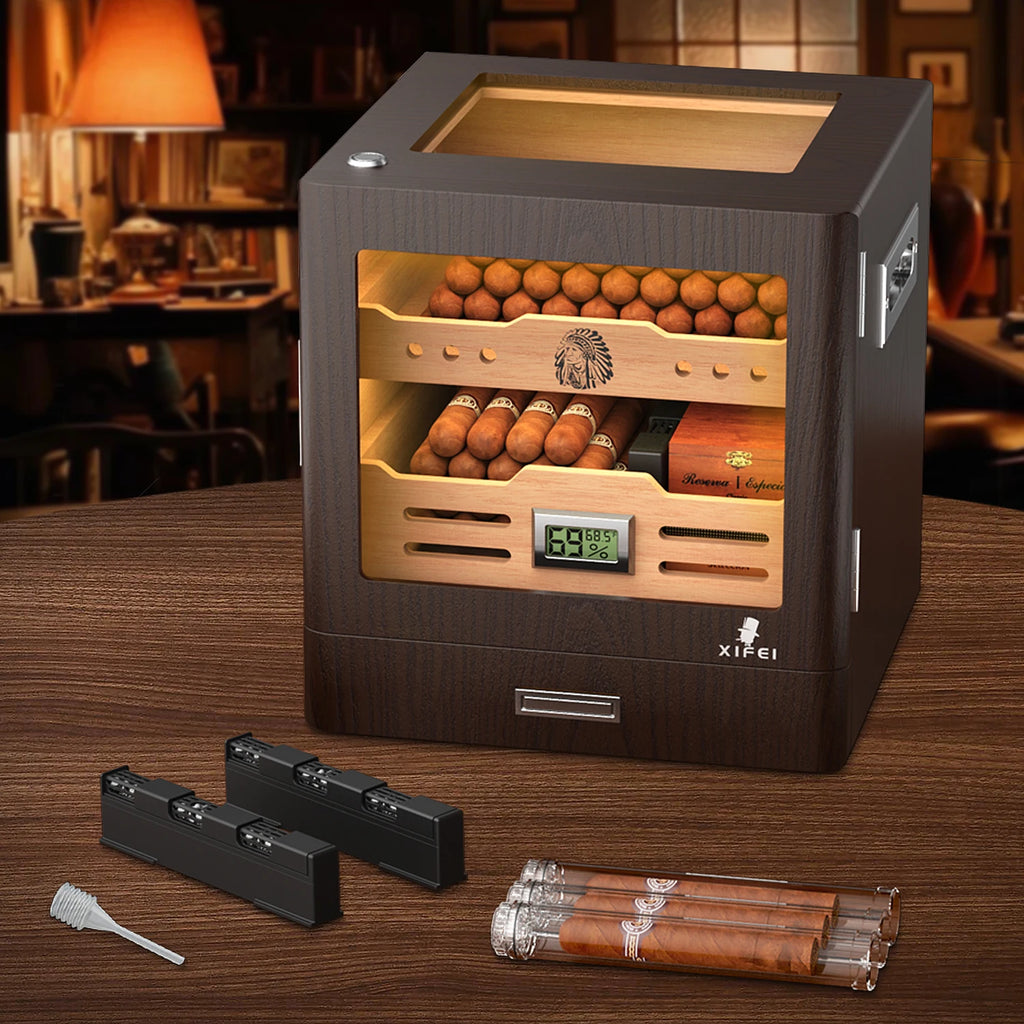 Cigar humidor with cigars on a wooden table.