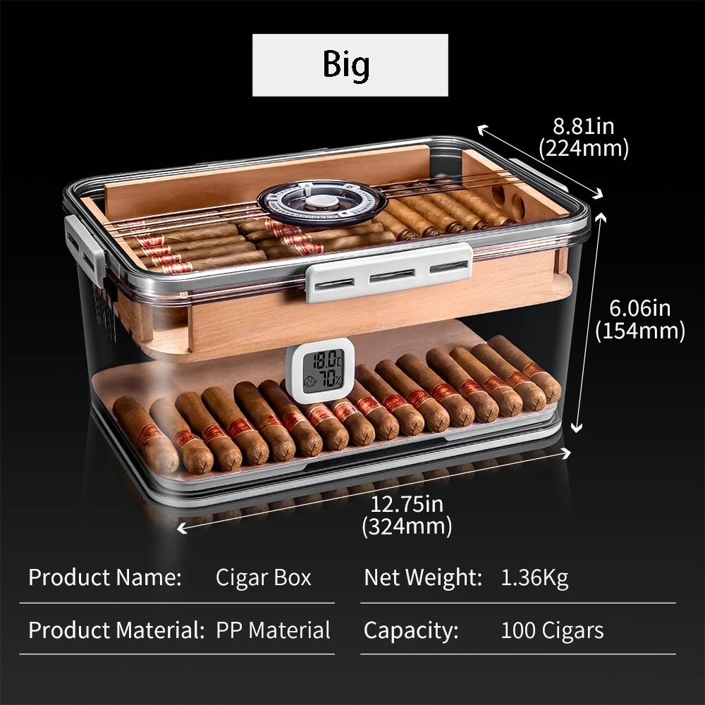 Cigar box with digital thermometer and humidity gauge, showing dimensions and product details.