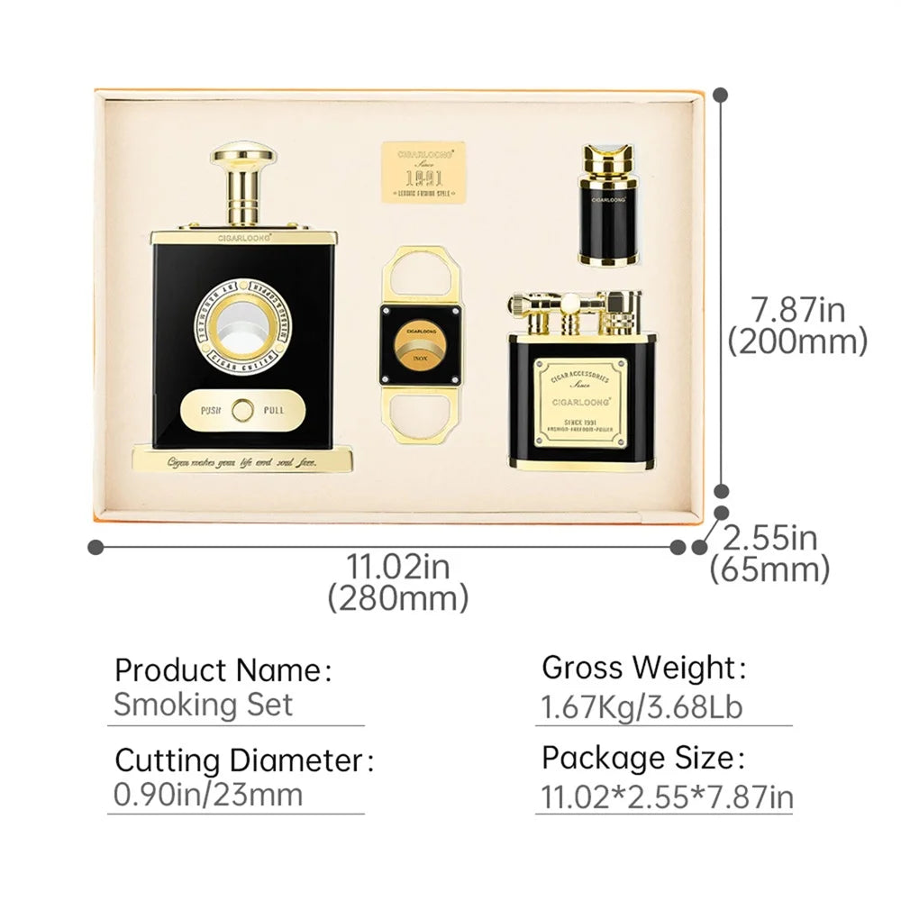 Cigar accessory set with dimensions and product details on a white background