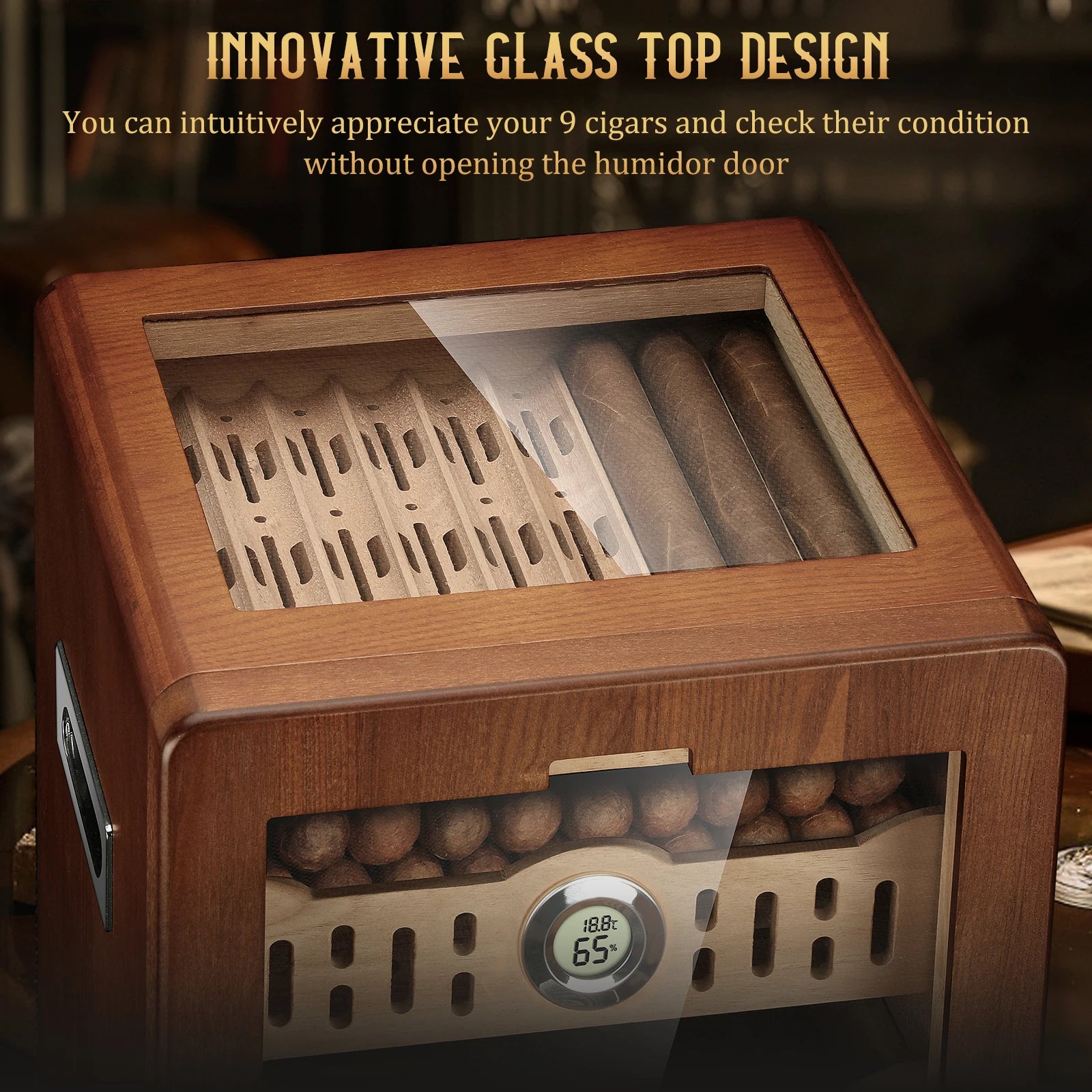Wooden humidor with glass top displaying cigars and digital hygrometer, with text about innovative design.