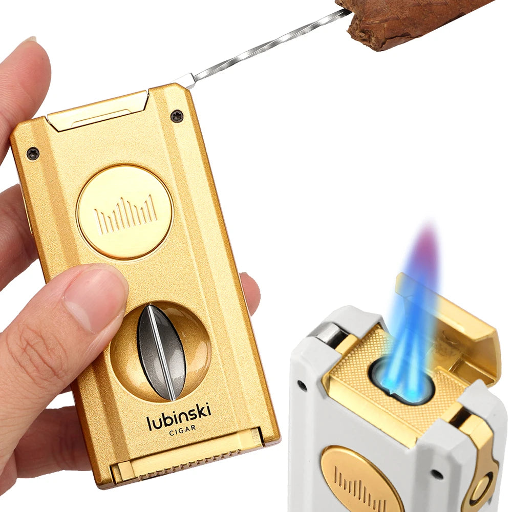 Gold cigar lighter with cutter and draw tool 