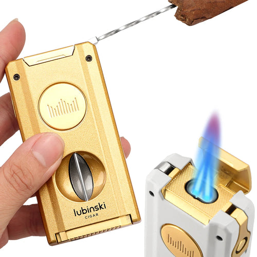 Gold cigar lighter with cutter and draw tool 