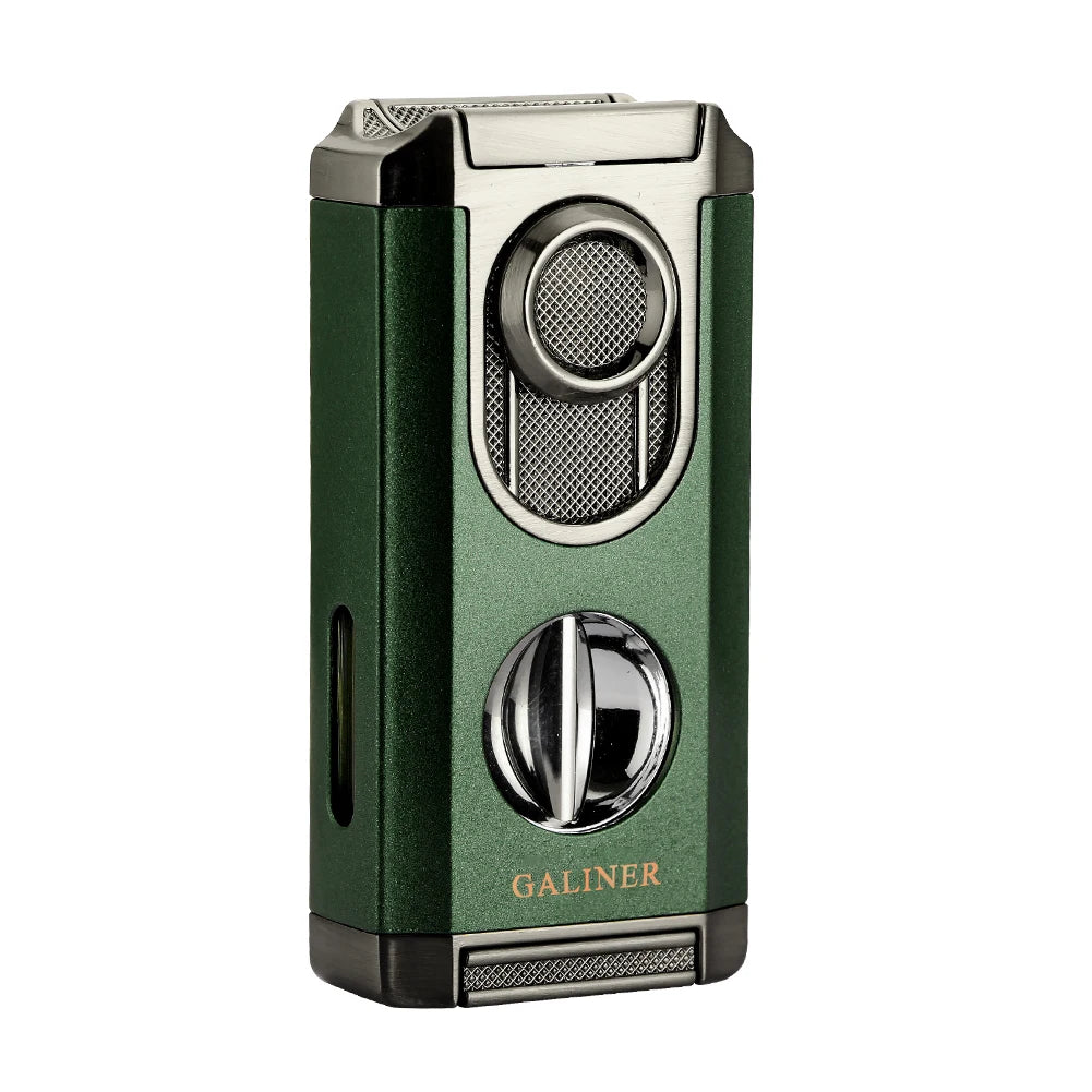 Green and silver cigar lighter on a white background