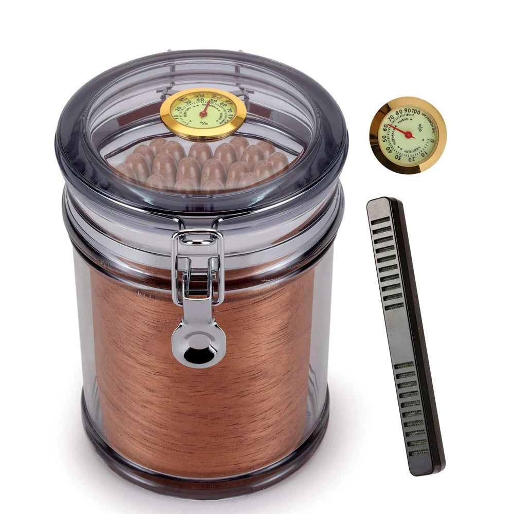 Grey glass jar humidor with cedar, metal lid, and hygrometer.