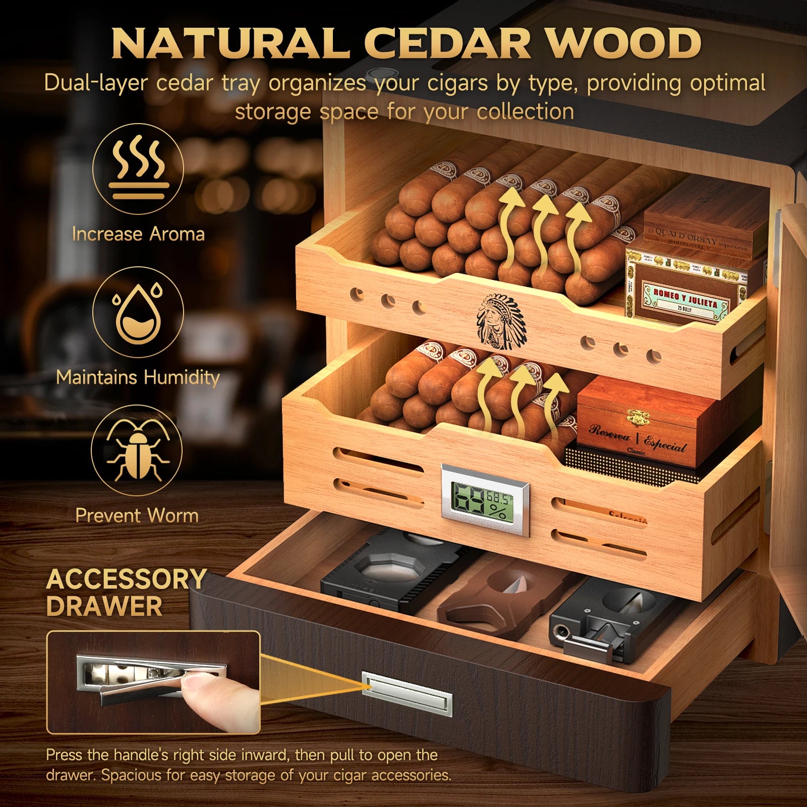Wooden humidor with cedar trays and digital hygrometer, featuring text on benefits and features.