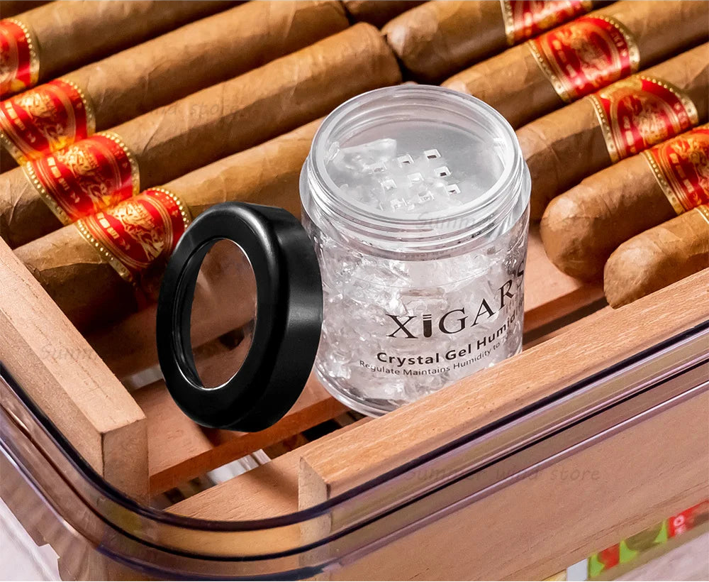 Cigars in a humidor with a crystal gel humidifier