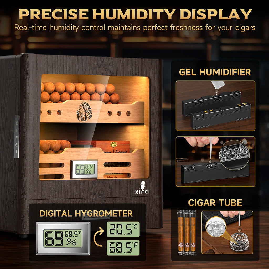 Cigar humidor with digital hygrometer and gel humidifier features, displaying precise humidity control.
