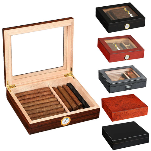 Collection of wooden cigar humidor boxes on a white background