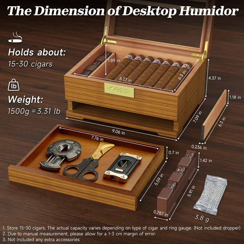 Wooden desktop humidor with dimensions and accessories on a wooden background