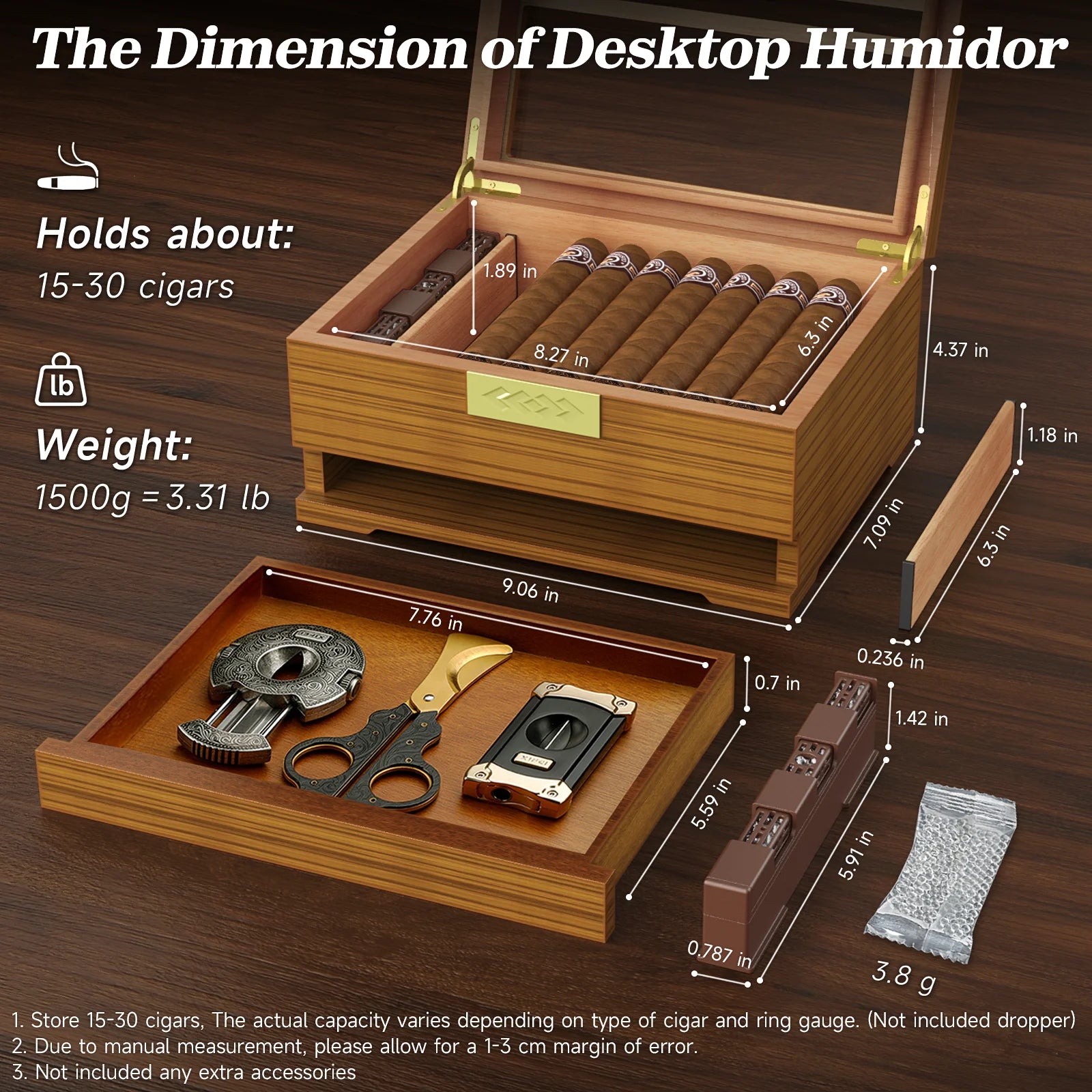 Wooden desktop humidor with dimensions and accessories on a wooden background