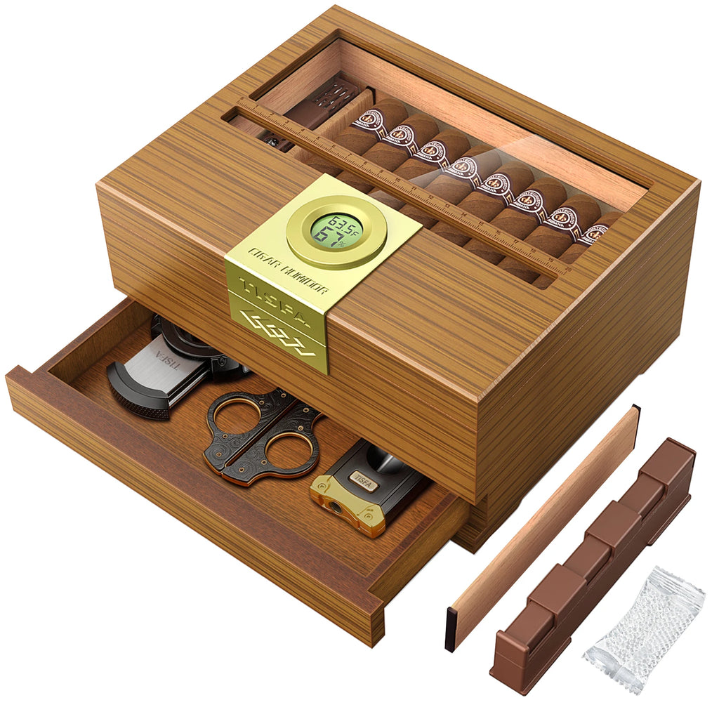 Wooden cigar humidor with accessories on a white background