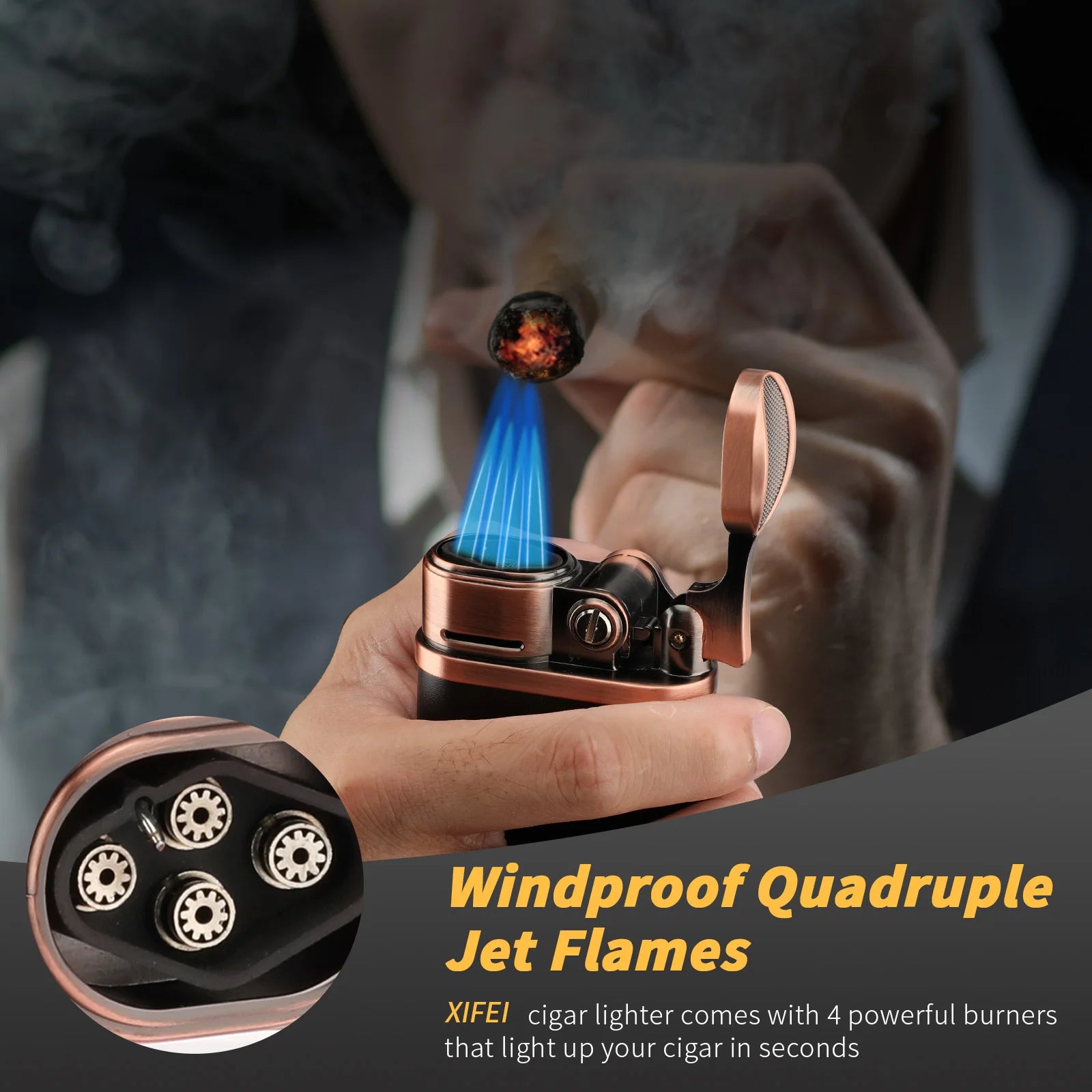 Cigar lighter with quadruple jet flames being used, highlighting its design and features.
