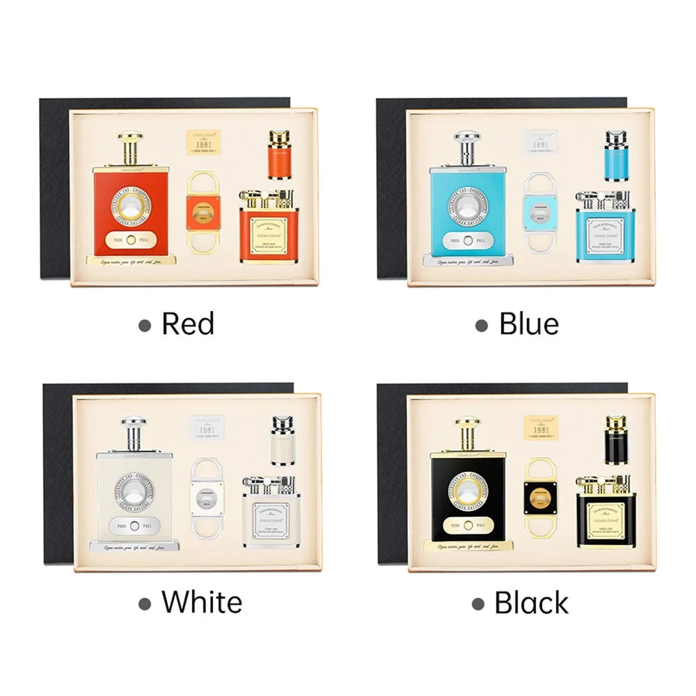 Red, Blue, White and Black executive cigar accessory sets on a white background
