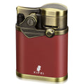 Red lighter with brass accents on a white background