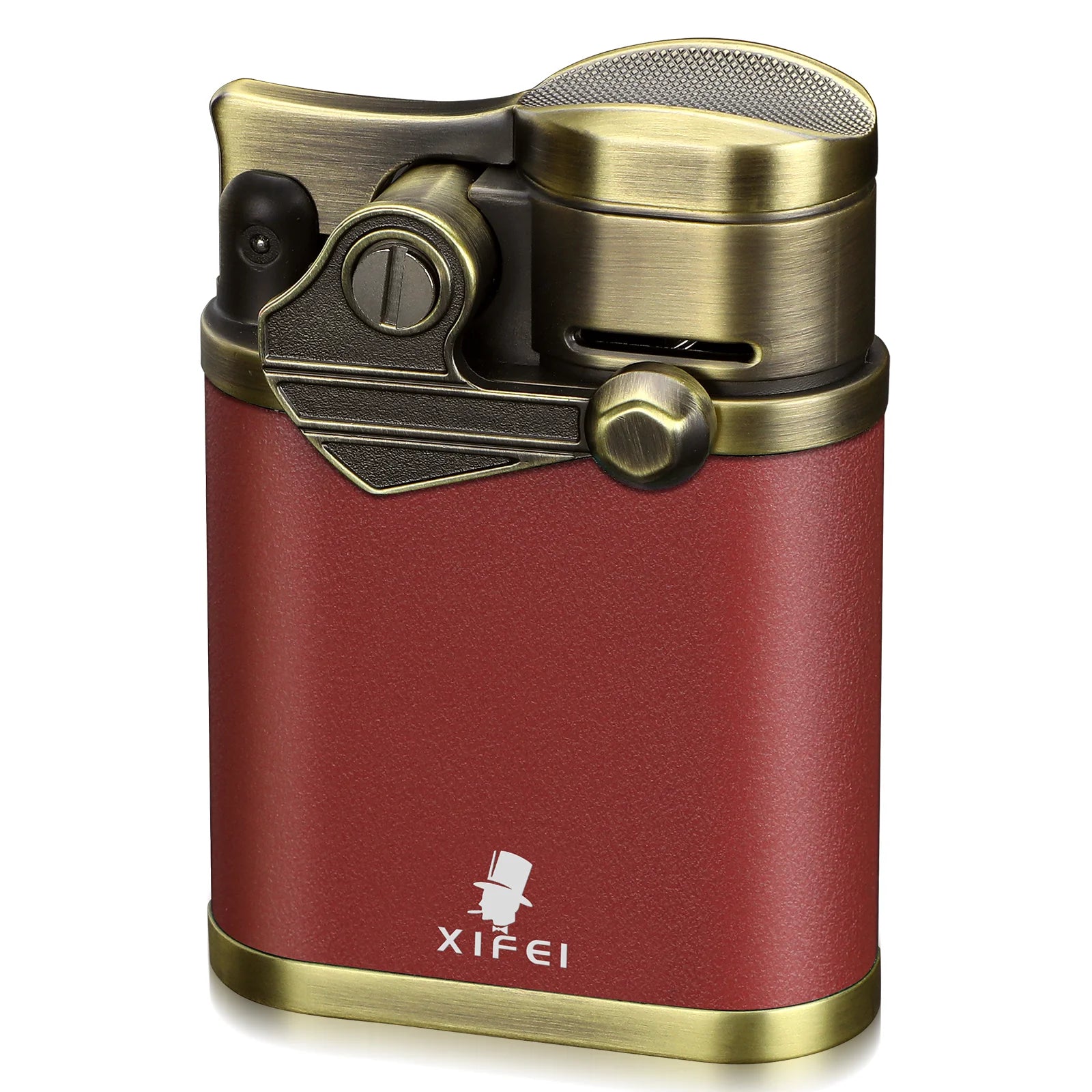Red lighter with brass accents on a white background