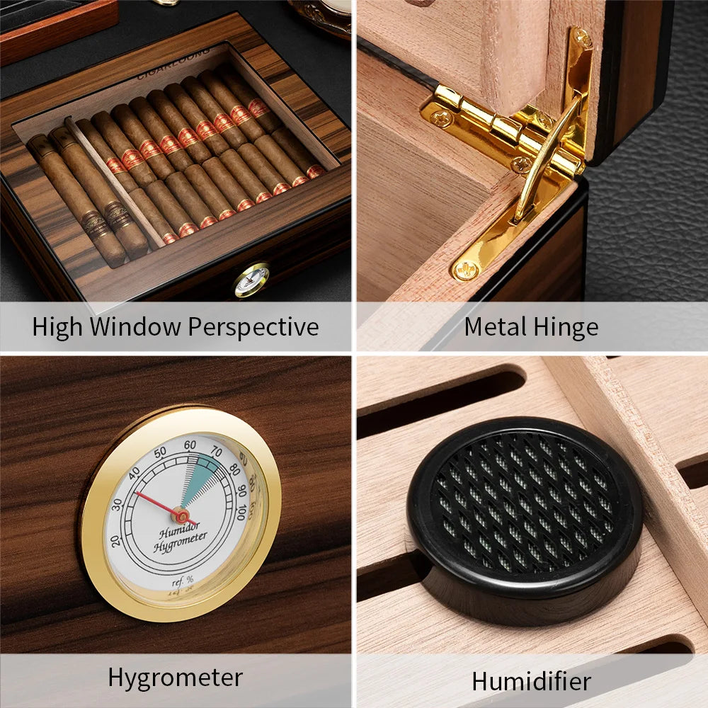 Collage of a wooden humidor with cigars, metal hinge, hygrometer, and humidifier.