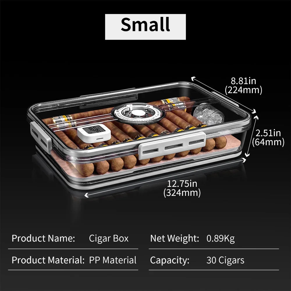 Cigar box with dimensions and product details on a black background